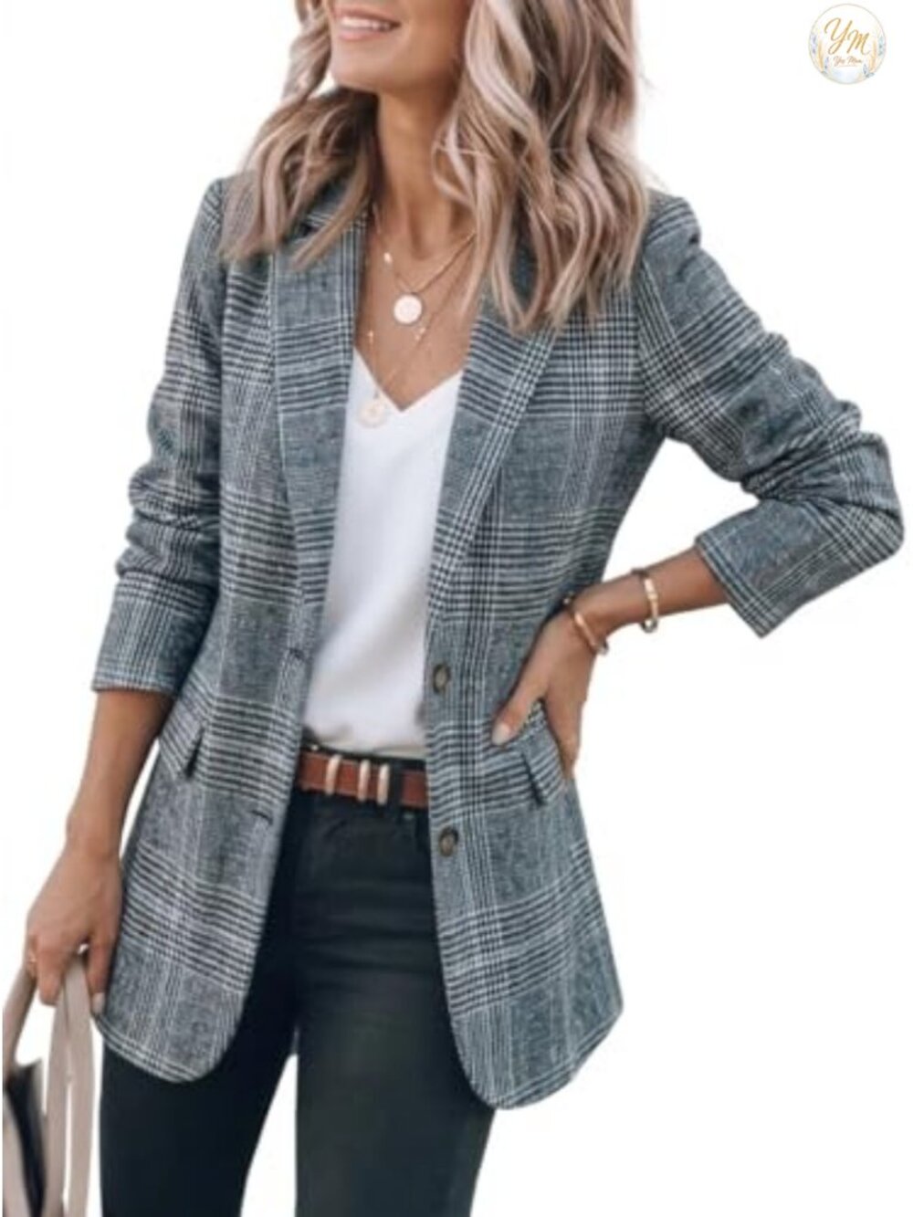 Women's Tweed Blazer Notch Lapel Two Button Long Sleeve Work Suit Jacket